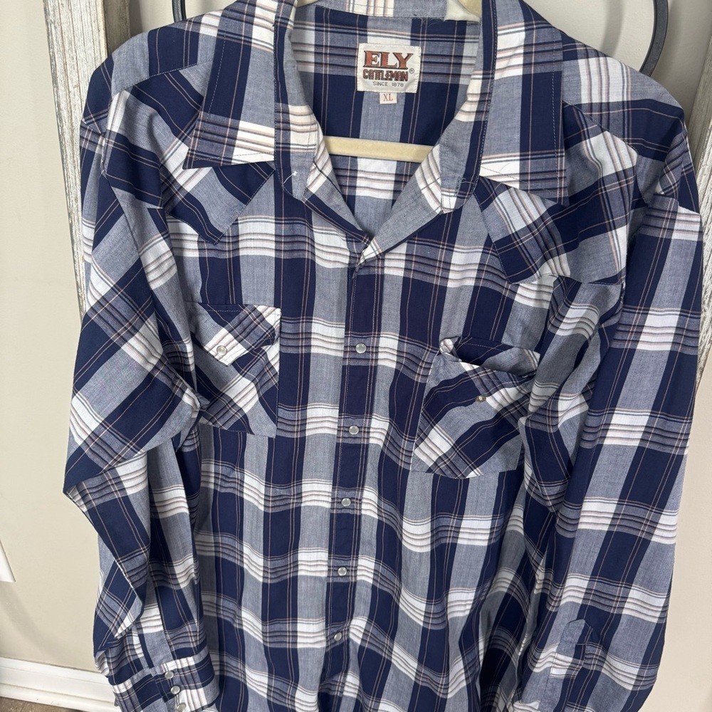 Ely Cattleman XL Western Snap Shirt Blue Plaid Pearl Buttons Cowboy Rodeo‎